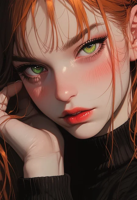 score_9, score_8_up, score_7_up, score_6_up, score_5_up, 1girl, long hair, orange hair, green eyes, (perfect round face), (blush), looking at viewer, Detailed, intimate, clear, personal, highly contrasted, (hand on hair), sweater, athletic, dark red lipstick, face focus, close up, perfect hands,