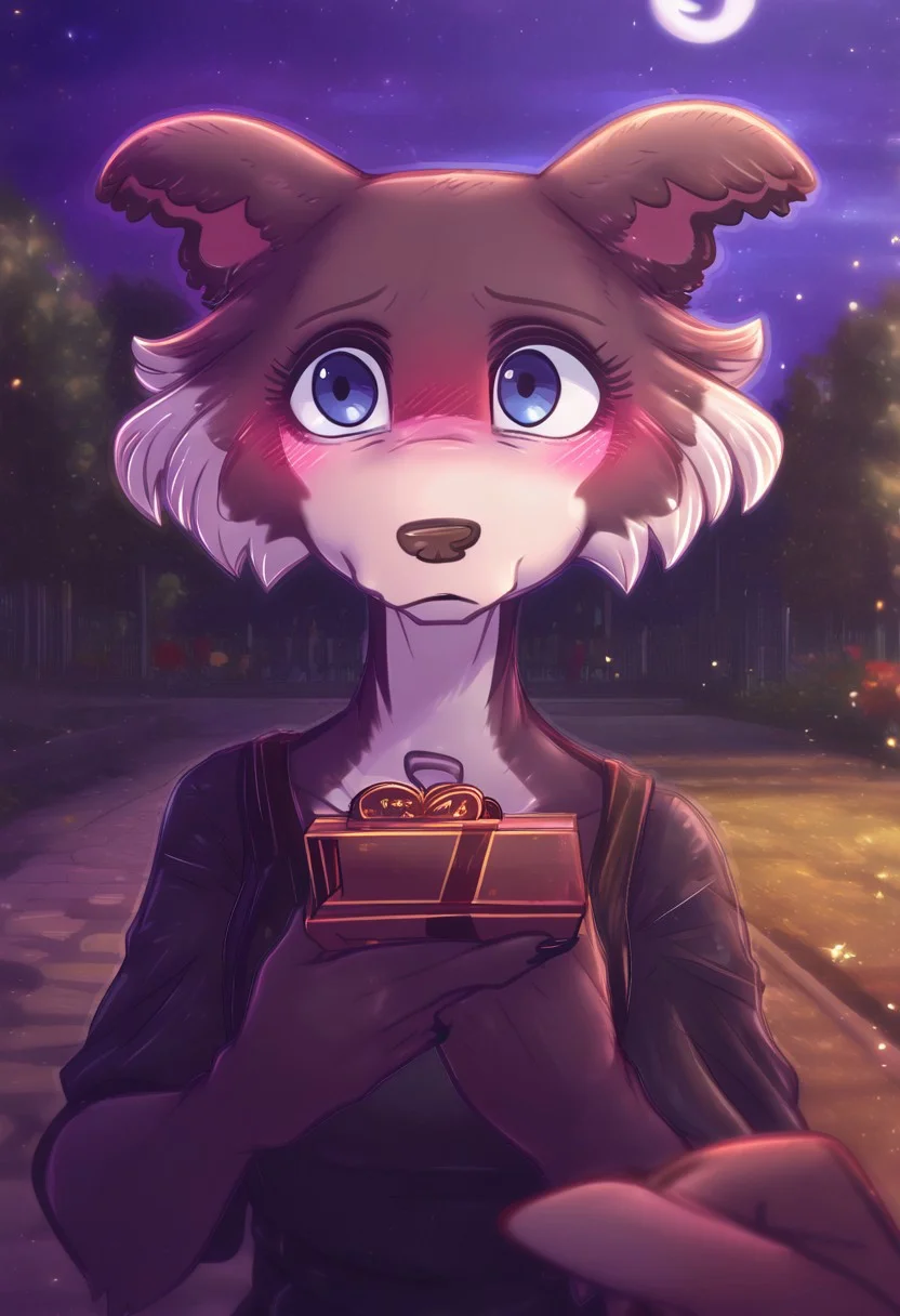 zPDXL, score_9,score_8_up,score_7_up,_up, best quality, amazing quality, masterpiece, 1girl, upper_body, chocolate box, chocolate box, looking away, night, full moon, sparkles, pov, solo, cute, blush, shy face, juno, wolf girl, animal ears, animal nose, brown fur, blue eyes, black dress, outdoors, park, flowers, contour_deepening, depth of field, huge filesize, blurry background, good_hands, Expressiveh, dimwitdog