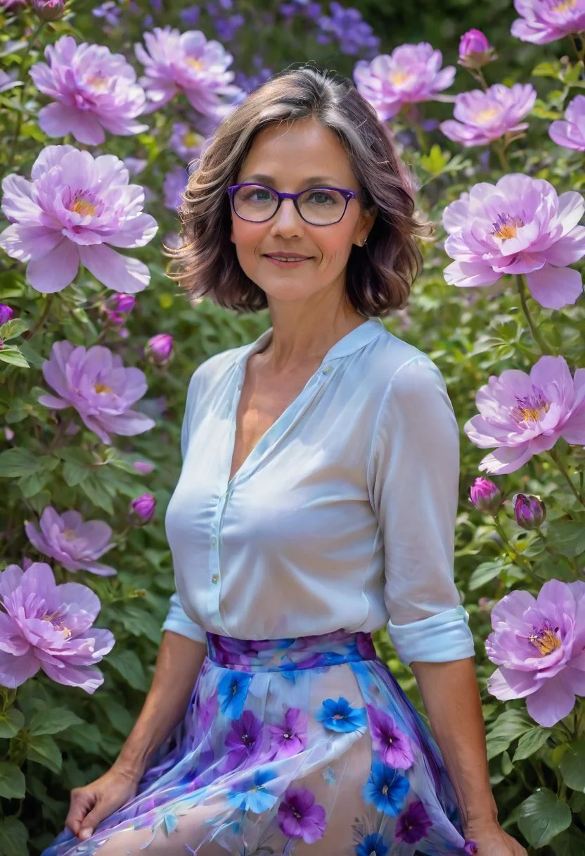 45 year old Petite GertrudeXL, glasses, AiARTiST,Petal skirt (or Natural language description), surrounded by beautiful purple and blue flowers
