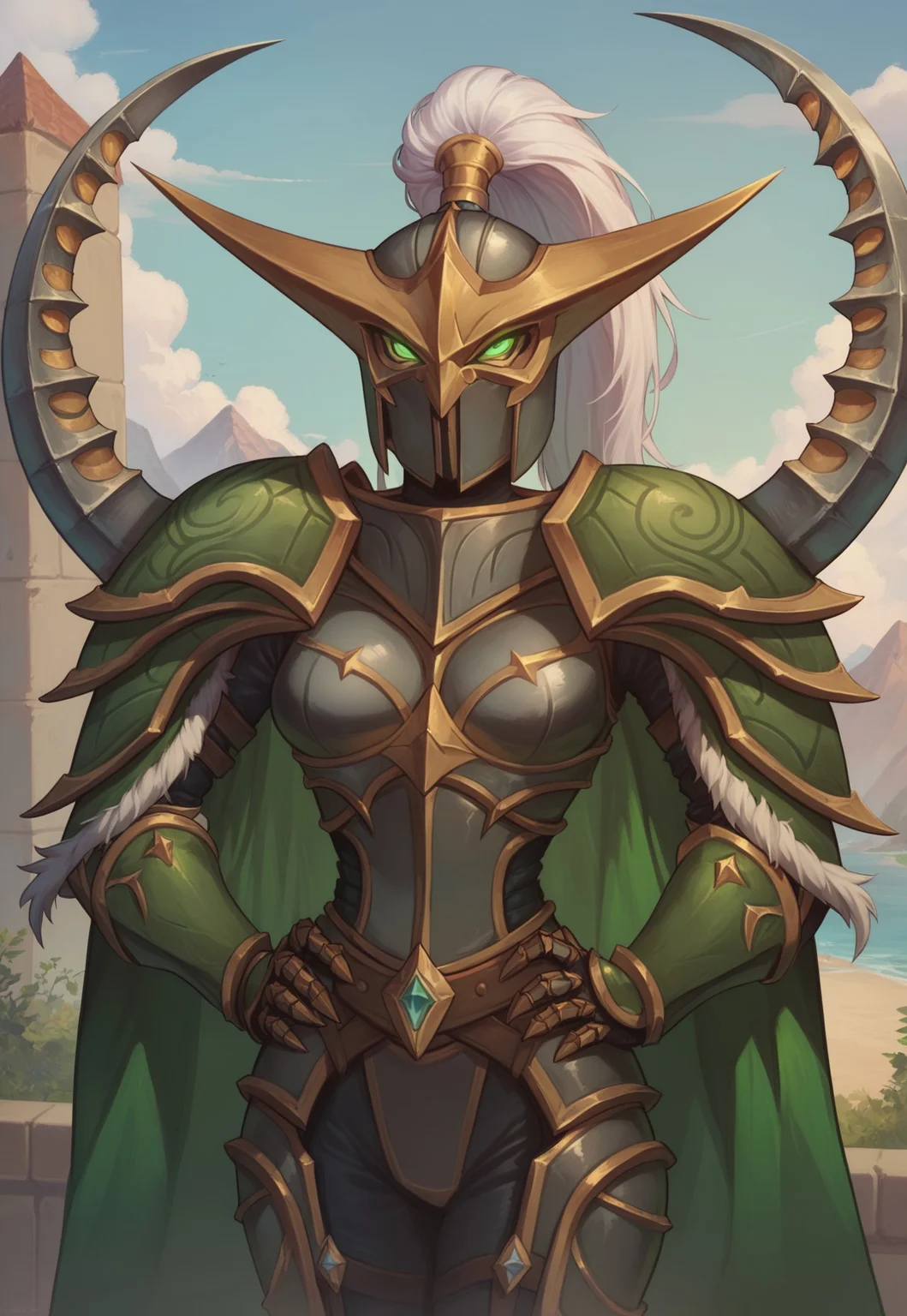 score_9, score_8_up, score_7_up, ultra quality, 5fingers, 1girl, Maievxl, night elf, green eyes, green cape, helmet, mask, fur trim, white hair, ponytail, upper body, shoulder armor, gauntlets, armor, confident pose, hands on hips, angry, looking at viewer, outdoors