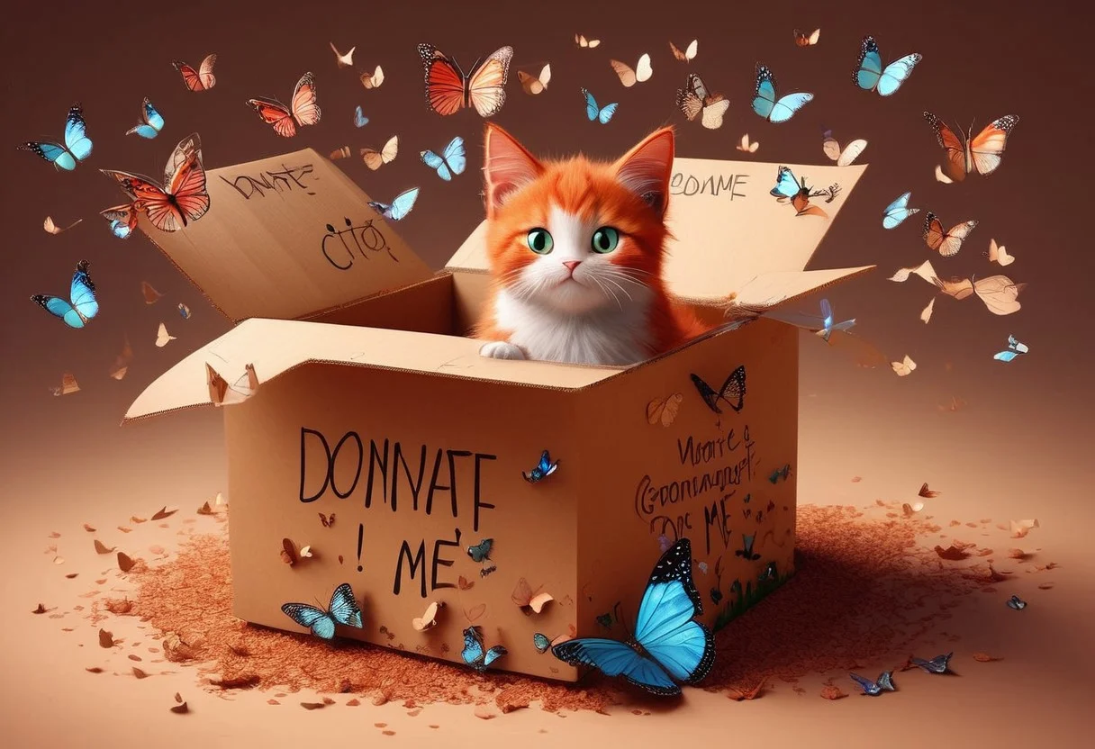 a poor little kitten, sitting in a cardboard box, begging for help, surrounded by cute butterflies fluttering around, red-haired cat-eared girl with a pitiful yet comically exaggerated expression, warm and soft lighting, cardboard box with handwritten text "Donate some buzz to generate fish for me, Thank you", detailed cat ears and facial features, amusing and lighthearted atmosphere