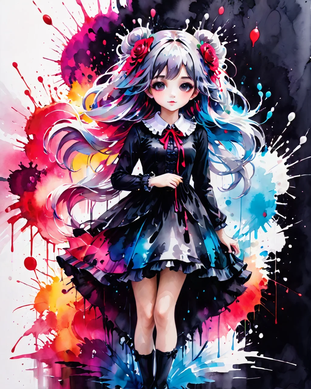a cute girl composed of colorful splashing ink,
small breast,(((detailed anima face))),((beautiful detailed face)),collar,(((gothic, lolita_fashion, gothic_lolita))),
((white hair)),((streaked hair)),
beautiful detailed eyes,(red eyes),
(((detailed castle))),(((high saturation))),((best shadow)),((night,red moon,blood on face,blood on cloths,splash blood)),arms behind back,
ink splashing,<lora:ink_splashing:0.75>,
