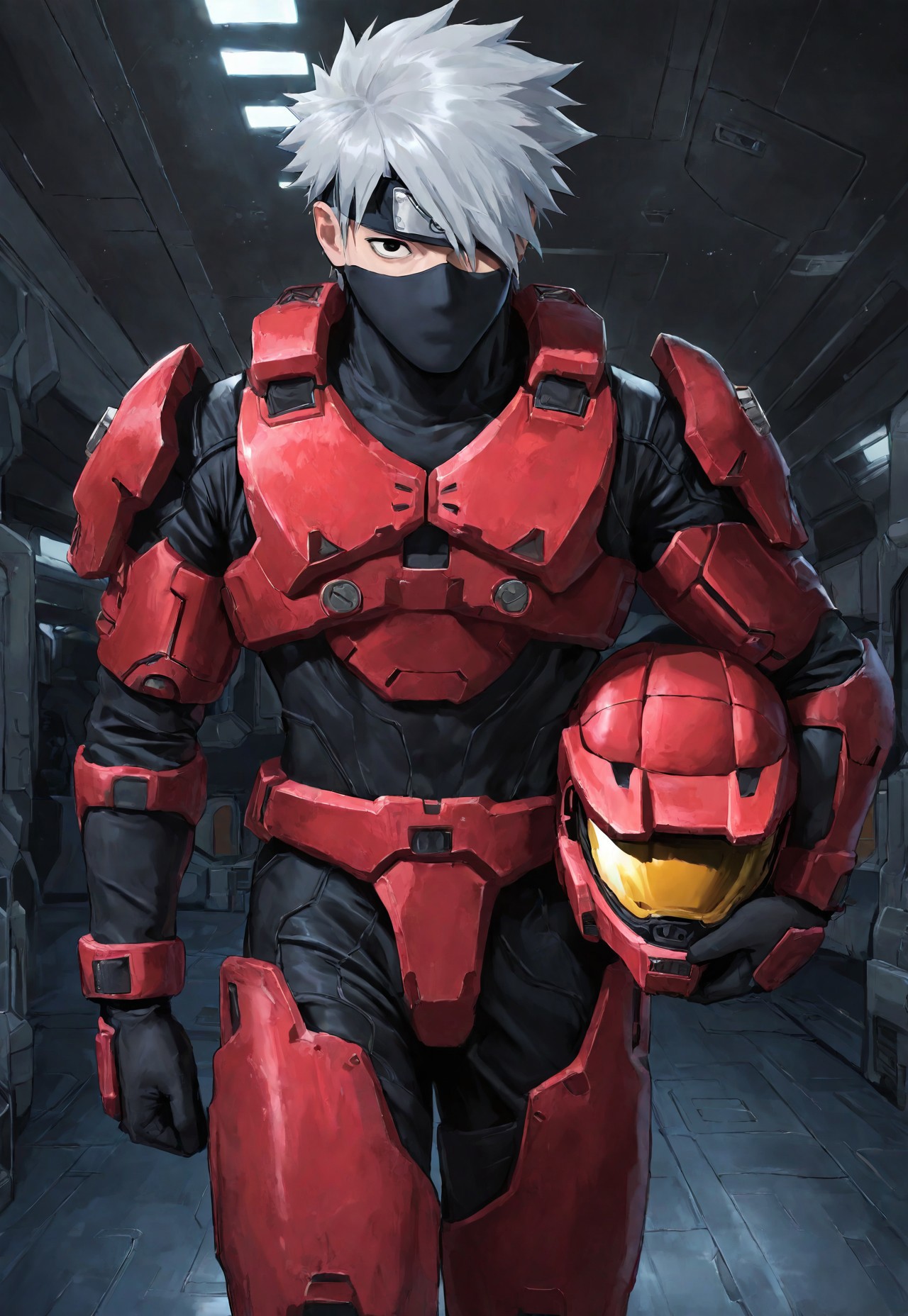 masterpiece, best quality, amazing quality, very aesthetic, absurdres, newest, detailed background, 5partan, 1boy, solo, red armor, power armor, bodysuit, holding helmet, yellow visor, hatake kakashi, grey hair, black eyes, (hair covering one eye), forehead protector, indoors, space station