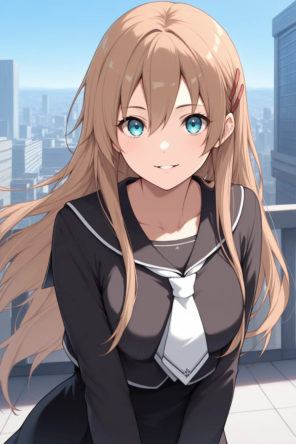 masterpiece, best quality, 1girl, solo, <lora:hiiragiasuka-illu-nvwls-v1-000006:1> txasuka, light brown hair, long hair, blue eyes, hairclip, black shirt, black sailor collar, white necktie, long sleeves, black skirt, , upper body, looking at viewer, smile, happy, parted lips, city, blue sky