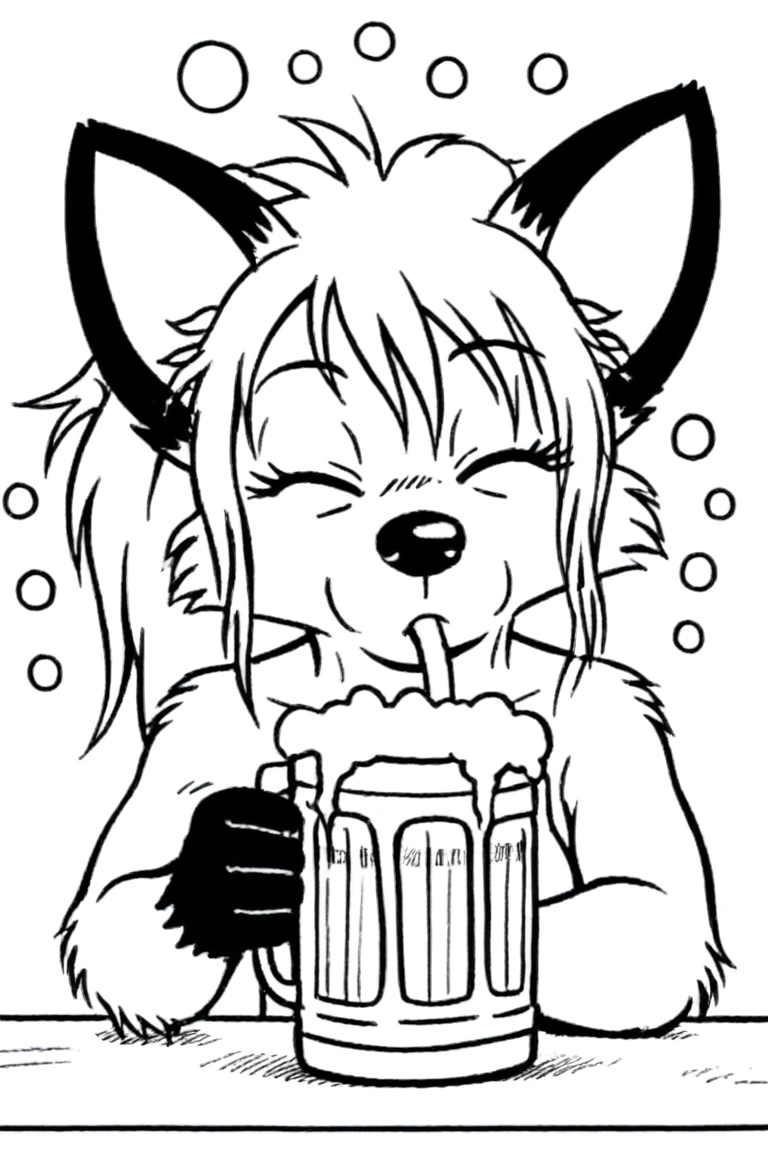 drunk, drinking beer, one eyes closed, 
1girl, (solo), dwarf, fox, black eyes, spiked tuft, hair tuft, ponytail, big hair, pointy nose, black nose, black paws, black and white, white background,
<lora:Millie_from_Ozy_and_Millie_90_style:0.9>