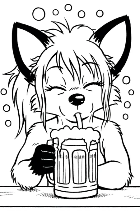 drunk, drinking beer, one eyes closed,
1girl, (solo), dwarf, fox, black eyes, spiked tuft, hair tuft, ponytail, big hair, pointy nose, black nose, black paws, black and white, white background,
<lora:Millie_from_Ozy_and_Millie_90_style:0.9>