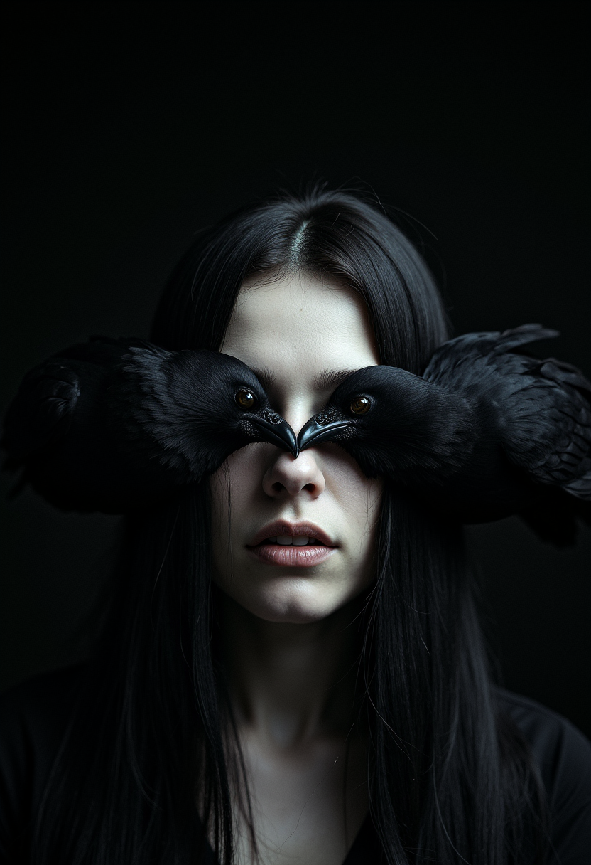 Composition:

The image is a vertical photograph with a strong focus on the central subject: a woman's head without the body coming from the dark partially obscured by two crows. Woman's body is not visible but only the head. The woman's face is pale and centered in the frame, with one crow framing her eye and another clow is slightly below. The dark black background creates a sense of mystery and intrigue.


Color Scheme:

The image is dominated by black color with high contrast filter applied. The woman's face skin tone is a pale white, contrasting with the black  background and the blending crows' feathers. This creates a sense of contrast and drama. Background is completely pitch black

Small Details:

The woman's eyes are partially obscured by the crows, adding to the sense of mystery and intrigue.
The crows' beaks are pointed towards the woman's face, creating a sense of tension and threat.
The woman's hair is long and dark, blending with the background and creating a sense of unity.
Overall, the image is a surreal and unsettling creation that blends elements of nature and human emotion. The seamless digital manipulation and dark color palette create a sense of mystery and intrigue. The combination of the woman's face and the crows creates a powerful and thought-provoking image.