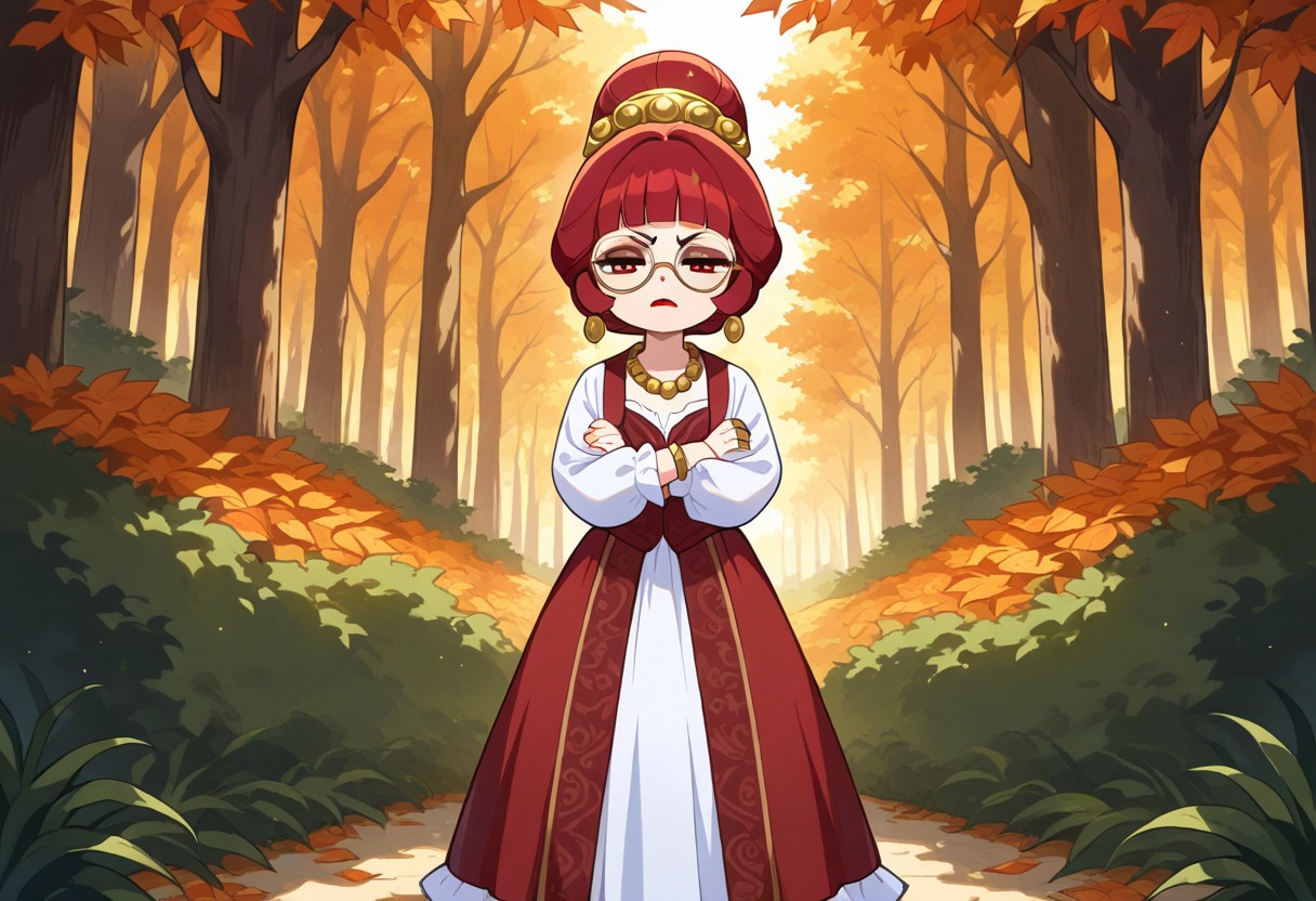 perfect eyes, solo, 1girl, red hair, red eyes, round eyewear, round glasses, shortstack, red victorian dress, hime cut, sidelocks, blunt bangs, single hairbun, mature female, milf, flat chest, tired, puffy sleeves, long sleeves, red lipstick, pantaloons, jewelry, bracelet, necklace, earrings, rings, long skirt, frills, standing, looking at viewer, annoyed, irritated, half closed eyes, arms crossed, belt
outdoors, orange leaves, orange forest, soft lighting,