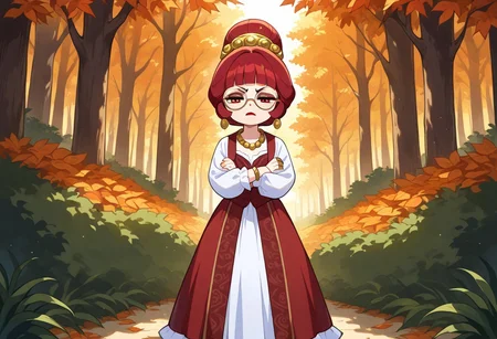 perfect eyes, solo, 1girl, red hair, red eyes, round eyewear, round glasses, shortstack, red victorian dress, hime cut, sidelocks, blunt bangs, single hairbun, mature female, milf, flat chest, tired, puffy sleeves, long sleeves, red lipstick, pantaloons, jewelry, bracelet, necklace, earrings, rings, long skirt, frills, standing, looking at viewer, annoyed, irritated, half closed eyes, arms crossed, belt
outdoors, orange leaves, orange forest, soft lighting,