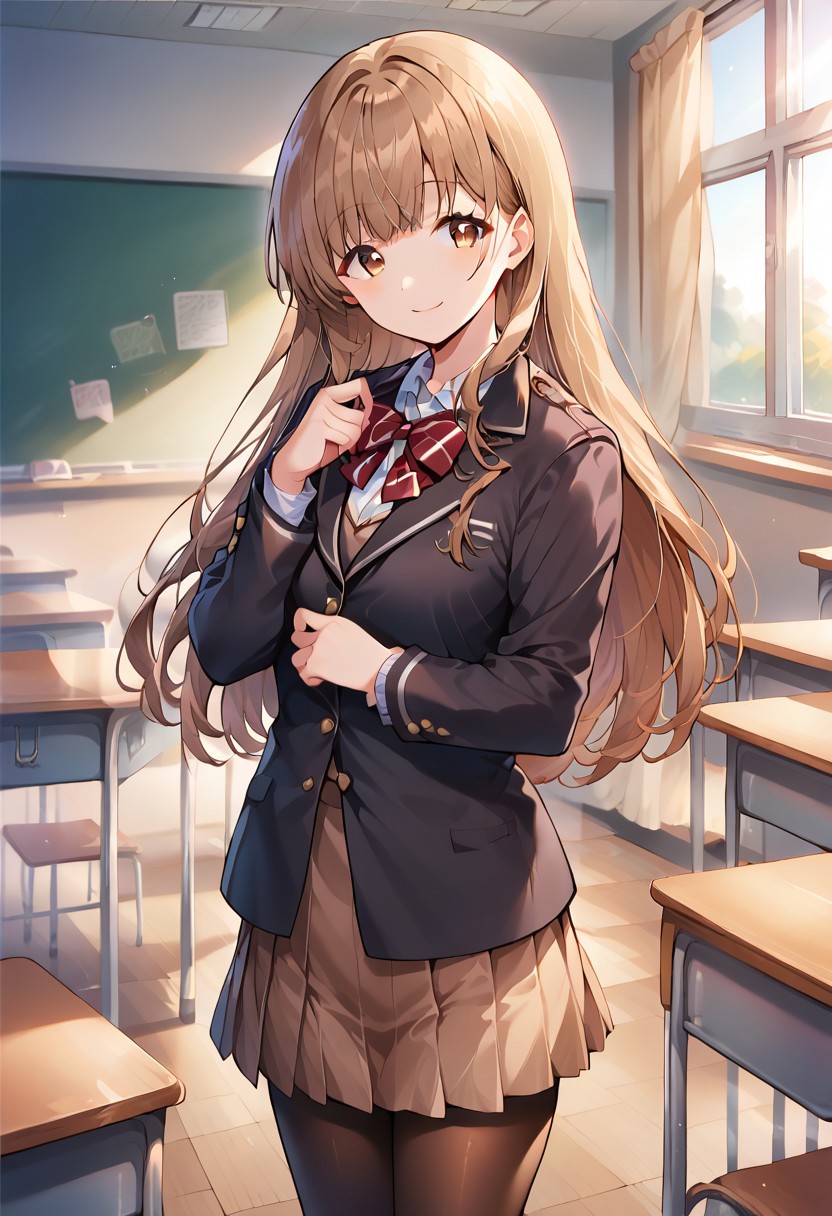score_9, score_8_up, score_7_up, source_anime,mahiru shiina, brown eyes, long hair, brown hair, 1girl, solo, pantyhose, skirt, jacket, school uniform, smile, classroom, brown skirt, bow, looking at viewer, brown pantyhose