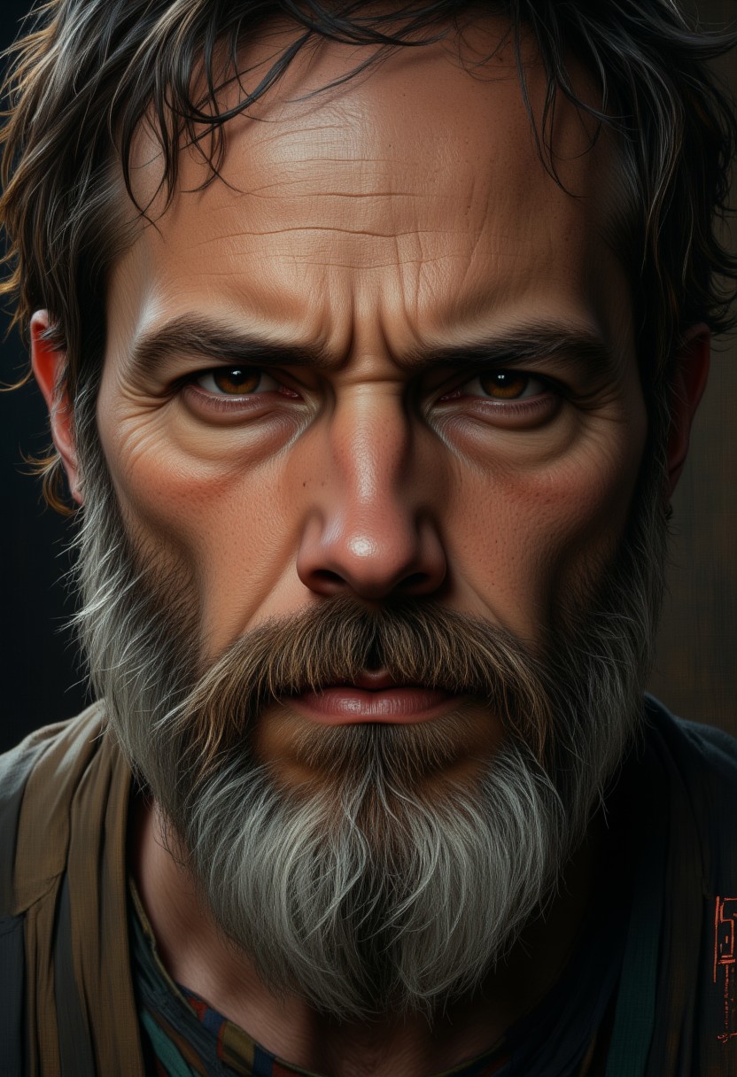 Unfazedfantasii, vantablack, OBxiaoxiang
photorealistic masterwork digital painting, hyper-realistic, 
A close-up portrait of a rugged, intense-looking middle-aged man with a thick, well-groomed salt-and-pepper beard and deep-set, piercing brown eyes. His face is lined with subtle wrinkles, giving him a stern, contemplative, and slightly brooding expression. His thick, slightly unkempt dark hair frames his face, complementing his strong, chiseled features. His gaze is direct and commanding, evoking a sense of wisdom and experience. He is wearing a striped, earth-toned shirt, adding a subtle texture to the image. The background is blurred and dark, with soft, natural lighting casting shadows that emphasize the depth and realism of his face. The overall style is ultra-detailed, photorealistic, and dramatic, resembling cinematic portrait photography.
 The art style is highly detailed, cinematic, and fantasy-inspired, with a focus on dramatic lighting, soft glows, and a slightly dark, mystical mood.