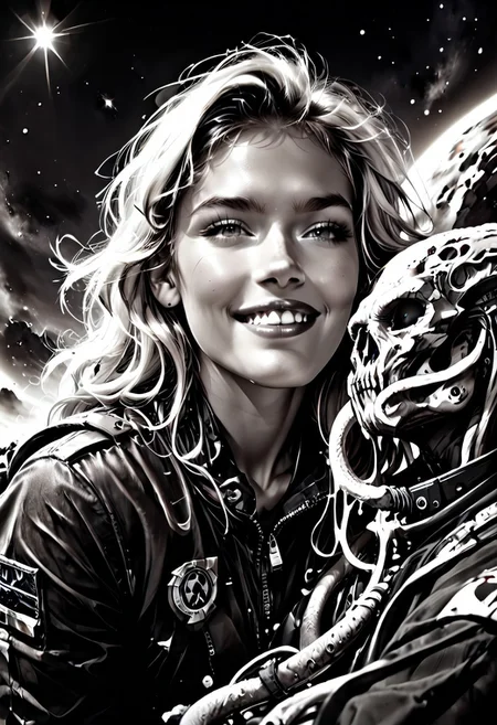 score_9, score_8_up, score_7_up, Realistic, cinematic shot, selective color, monochrome background, grayscale, 4k, 
(((Girl kisses an alien, hetero, space adventure ))), 
Tender kiss,
(1boy, Alien, alien animal, desert animal, non-humanoid, slime, chitin, antennae,  tentacles, cross-species, alien caressing girl),
1girl, 18yo, blonde, red front highlights, perfect face, stunning, breathtaking face, detailed face, perfect teeth, expressive eyes, extremely cute, medium boobs, round stomach, sexy, partial nudity,
Pear-shaped figure, short female, stocky, perfect round butt, wide hips, narrow waist, strong legs, thick thighs, long legs, short torso, narrow shoulders, 
Work clothes, space mechanic outfit, thick cargo pants, midriff, 
Detailed background, black and white background , alien world, alien desert, alien desert flowers, alien fauna, impossible landscape, two moons, outdoors, open space, 
highres, absurdres, in focus, hetero,
easynegative, CyberRealisticPony_POSV1, Stable_Yogis_PDXL_Positives, negative_hand, ALRGFC, alluring face, realistic, Gadget, SelectiveColorStyle, 1colorpop, 2colorpop