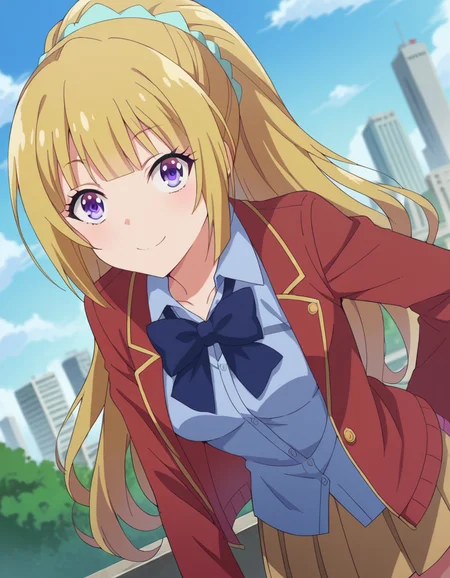 score_9, score_8_up, score_7_up, source_anime,
keikaruizawa, <lora:kei-karuizawa-anime-s2-ponyxl-lora-nochekaiser:1>,
kei karuizawa, long hair, bangs, blunt bangs, purple eyes, blonde hair, shirt, hair ornament, ponytail, scrunchie, blue scrunchie, smile,
skirt, shirt, bow, school uniform, jacket, red jacket, pleated skirt, bowtie, sweater, blue bow, blue shirt,
outdoors, cityscape, bent over,
looking at viewer, cowboy shot, dutch angle,