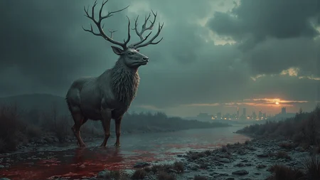 In this hauntingly beautiful cinematic poster, a majestic magical deer spirit stands tall, its ethereal body dissolving into mist as it gazes out at us with a sorrowful expression. The deer's antlers stretch towards the sky, as if reaching for the heavens, while its eyes seem to hold a deep sadness. Behind the deer, a river of blood crawls across the landscape like a lifeless serpent, its crimson hue illuminated by the faint glow of city lights from the distant metropolis. The air is heavy with the scent of rain, and the stormy skies above are shrouded, <lora:Flux_Turbo_Alpha.safetensors:1.0> <lora:lith_mimosa_kiel_grw134_FLUX.safetensors:0.5> lith_mimosa_kiel_grw134_FLUX <lora:Flux DetailerV2.safetensors:0.8> detailed