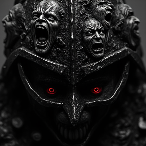 ajhelab, Extreme close-up of a dark knight's helmet in a horror anime/manga style — the helmet is forged from blackened steel, covered in jagged edges and eerie runes. Twisted, screaming faces of trapped souls emerge from its surface, their mouths open in eternal agony, eyes hollow and glowing faintly red. The helmet oozes menace, the tortured visages frozen mid-scream, stretching the metal as if trying to escape. Monochrome palette with sharp red highlights emphasizing the horror and pain, cinematic lighting, high detail, terrifying and atmospheric.