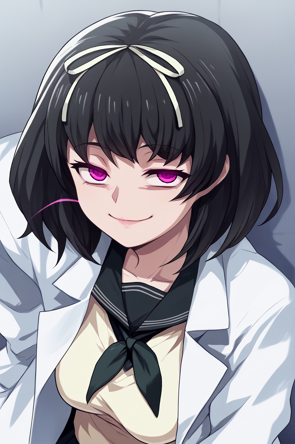 score_9, score_8_up, score_7_up, source_anime, perfect lines,  hokari kanae, 1girl, kanae school uniform, labcoat, evil smile, glowing eyes, spot color,  <lora:kanae:1> <lora:ebiblue_v1_pruned:1>