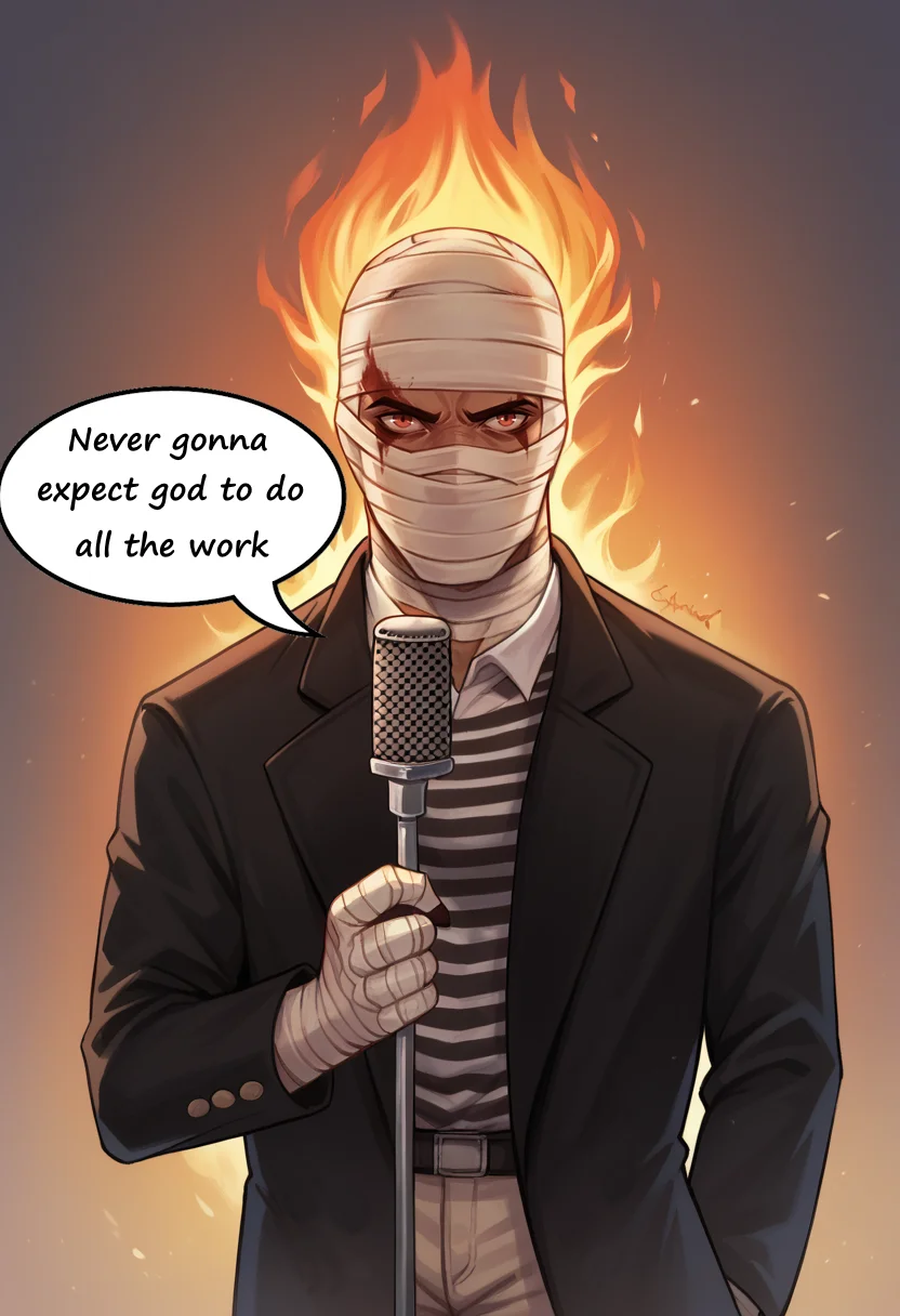 score_9, score_8_up, score_7_up, 1boy, solo,
ss-J0shGrm, bandages, bandage headwrap, bandaged hands, burned face, skinny, slim,
burning background, fire, dancing pose, holding microphone,
<lora:Joshua_Graham_OutfitCharacter_-_Fallout_New_Vegas:0.8>, <lora:Krys_Decker_-_Artist_style:0.7> ss-krd_o, <lora:NeverGonnaGiveYouUp_XLPD:1> IncrsNeverGonnaGiveUUp, looking at viewer, microphone stand, upper body, black jacket, striped shirt, suit, open jacket,