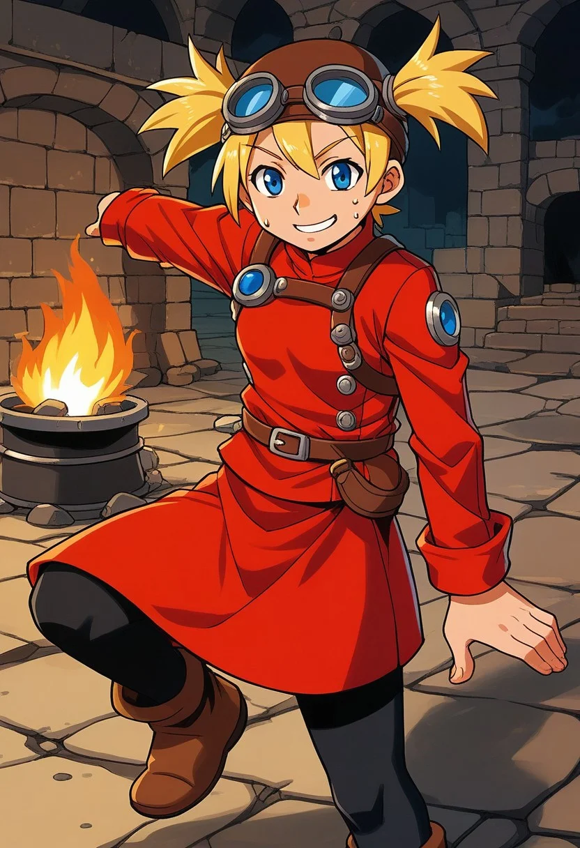score_9, score_7_up, source_anime, BREAK solo, <lora:Pratty_XL:1> Pratty, blue eyes, short hair, light blonde, short twintails, hair through headwear, goggles, brown headwear, red shirt, short over long sleeves, black long sleeves, red skirt, black pantyhose, leather breastplate, brown footwear, smile, sweat, smith, furnace, smithing, crafting, fire, river, mill