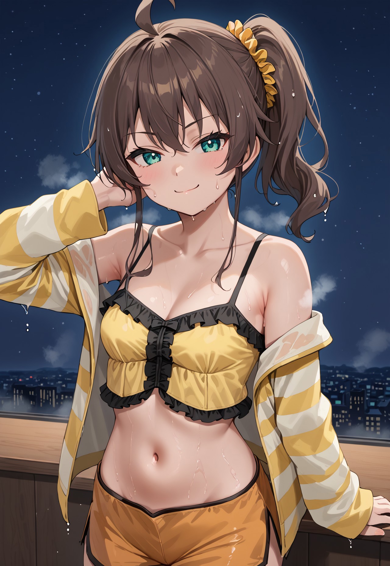 safe_pos, 1girl, solo, solo focus, highres, absurdres, Matsuri2nd, brown hair, bangs, side ponytail, ahoge, hair scrunchie, hair between eyes, hair ornament, aqua eyes, yellow scrunchie, medium hair,

small breasts, midriff, navel, collarbone, bare shoulders, cleavage, camisole, frills, short shorts, orange shorts, yellow jacket, open jacket, striped jacket, long sleeves,

looking at viewer, smug, closed mouth, adjusting hair,

(((wet, sweat, sweatdrop, steaming body,)))

cityscape, neon lights, window, dark, night, night sky, light particles, backlighting, 