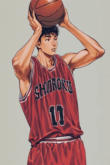 Mitsui Hisashi,1boy,basketball uniform,male focus,sportswear,solo,basketball,shorts,arms up,white background,red shorts,simple background,shirt,short hair,sleeveless,black hair,parted lips,ball,cowboy shot,sleeveless shirt,<lora:Inoue Takehiko_XL:0.8>,