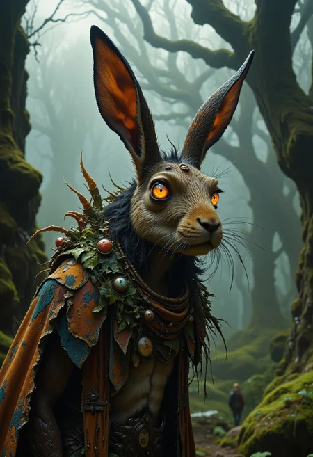 Basil Stag Hare: Portrait of a lanky hare with overlong ears and a patchwork coat of furs and leaves, his whiskers and eye rims bright orange. He's positioned humorously with a backdrop of an eerie, fog-laden forest.
, live action, in the style of an old 80's VHS dark fantasy, VHS screen grab, grainy, old footage, in the style of an old 80's VHS dark fantasy, VHS screen grab, grainy, old footage