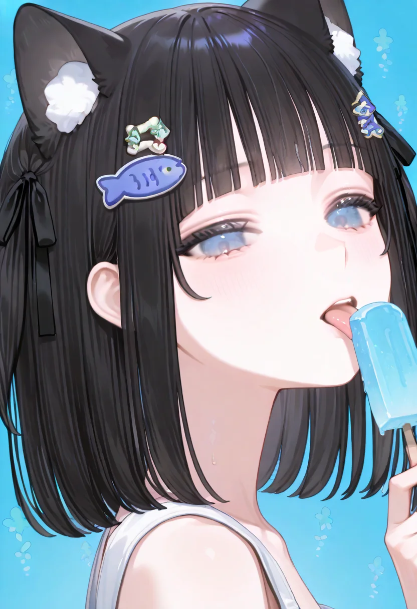 <lora:HandFixer_pdxl_Incrs_v1:1>, <lora:ê·¸ë¦¼ë³´ì  ìì ê¸°:0.5>,  <lora:ê·¸ë¦¼ë³´ì  ponyv6_noobV1_2_adamW-000017:1>, <lora:add-detail-xl:1.5>, <lora:NOOB_EPSv1_1_detailer_by_vlnvk_v1_0:1.5>, <lora:ê·¸ë¦¼ë³´ì  ìì¸íë:1>, <lora:ratatatat74_XL_v2:0.8>, <lora:748cmSDXL:0.6>, masterpiece, best quality, amazing quality, distinct, super_detail, finely_detailed, mishoujo, very aesthetic, absurdres, highly detailed, beautiful eyes, detailed eyes, Illustration, score_9, score_8_up, score_7_up, score_6_up, 1girl, solo, NSFW, (portrait:1.5), 
extreme closed, face focus, from side, petite, white sleeveless_dress, looking_at_viewer, pov,  tongue_out, (licking ice_cream, holding ice cream), ice_cream, string, expressionless, simple background, side view, 
<lora:ìºë¦­í°_ë¨í¬:1>, blue_eyes, black_hair, blush, blunt_bangs, bangs, short_hair, twintails, animal_ears, cat_ears, animal_ear_fluff, ribbon, black_ribbon, hair_ribbon, hair_ornament, fish_hair_ornament, small_medium_breasts,
