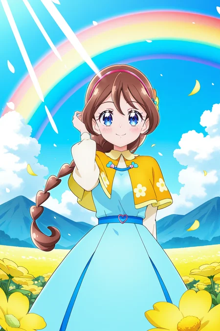 <lora:Kimi_to_Idol_Precure:1>, Kimi_to_Idol_Precure, 1girl, solo, hat, rainbow, braid, flower, virtual youtuber, smile, black headwear, outdoors, sky, mountain, day, petals, looking at viewer, cloud, floral print, holding hat, long sleeves, hand on headwear, dress, unworn hat, blush, breasts, single braid, closed mouth, blue sky, capelet, yellow flower, unworn headwear, braided ponytail, holding