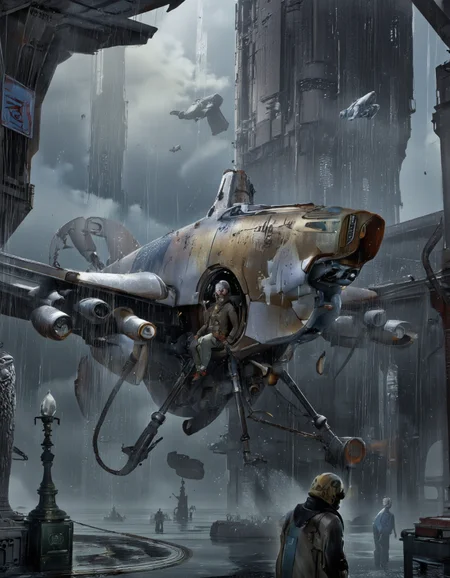 By Brandon Le. A futuristic, sci-fi digital illustration shoot from a low-angle perspective about a futuristic flying object in a rain-soaked environment, featuring a large, metallic, futuristic spaceship with a humanoid figure in the foreground. the aircraft is positioned in the center of the image, with a sleek, metallic design and intricate details. it has a large propeller at the front and a smaller, triangular propeller on the back, with multiple blades extending from the front. the cockpit is visible, and the pilot is sitting in the cockpit, wearing a full-body suit and a helmet, facing away from the camera. the scene is set in a post-apocalyptic cityscape with tall, imposing structures in the background, illuminated by a soft, dimly lit sky. the rain is pouring down heavily, creating a dramatic effect, with droplets of water visible on the ground and the aircraft. in the distance, a few other aircrafts can be seen flying in the air, adding to the sense of movement and energy in the scene. the overall atmosphere is dark and moody, with dramatic lighting and a sense of depth and realism.