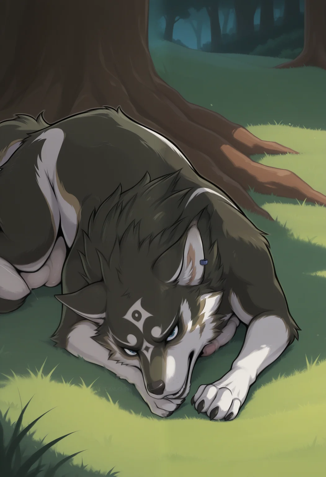 masterpiece,best quality,amazing quality, 1boy, solo, l1nk, wolf, blue eyes, sleeping,
outside,