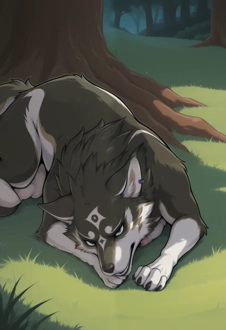 masterpiece,best quality,amazing quality, 1boy, solo, l1nk, wolf, blue eyes, sleeping,
outside,