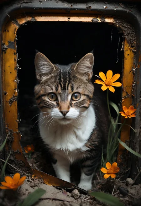 (Soft Lighting Photography by Mimoza Veliu and Mario Giacomelli:1.2), award-winning photography, photo of a cat inside a destroyed badly damaged space ship in a beautiful beach, Cats running around:1.5, (Broken windows, broken body, spare parts scattered nearby.) Grass and flowers grow around it. Sunny summer day. ocean. Calm and beautiful. Detailed art, many details, cute, adorable, fairytale, storybook detailed illustration, cinematic, ultra highly detailed, beautiful details, vibrant colors, complex background, fine art, best quality, hyper detailed, professional poster art, bold lines, award winning, trending on ArtStation , (intricate details, masterpiece, best quality:1.4), aesthetic and beauty, astounding details, high depth of field, f/4, framing, breakthrough, collodion process, soft particles, ageless atmosphere, (maroon and marigold colors:0.1),dark, chiaroscuro, low-key,