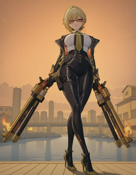 masterpiece,best quality,limited color palette,lineart,vector art,leather jacket,sunglasses,smiling,<lora:Hoseki_ZenlessZoneZero_BurniceWhite_IllustriousXL_v1:1>,(brncwht:0.5), Evelyn, solo, blond hair, hair ornaments, earrings, purple eyes, hair bun, white shirt, gold tie, black leather pants, gold high heels, standing, looking at viewer, peace sign, city, sky, clouds, beautiful frame, river, <lora:Evelyn_-_Zenless_Zone_Zero_ZZZ_-_Illustrious:1>,large breasts,double firethrower,((gunfire)),thighhighs,on the background of wooden houses on fire,fire background,licking hand,skirt,<lora:Pulchra:1>,(fire edgMM:1.3),flames around,face_focus,(portrait:1.2),(from_below:1.2),