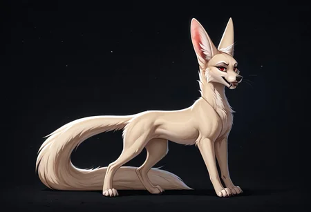 reallynxgirl_style, by Zackary911, by Kenket, by Kilinah, by fluff-kevlar, feral, mommy female white fennec fox, solo, long white hair, red eyes, fangs, full body, one big tail, dark background. dark priest with balck and red cloack, full body concept, realism