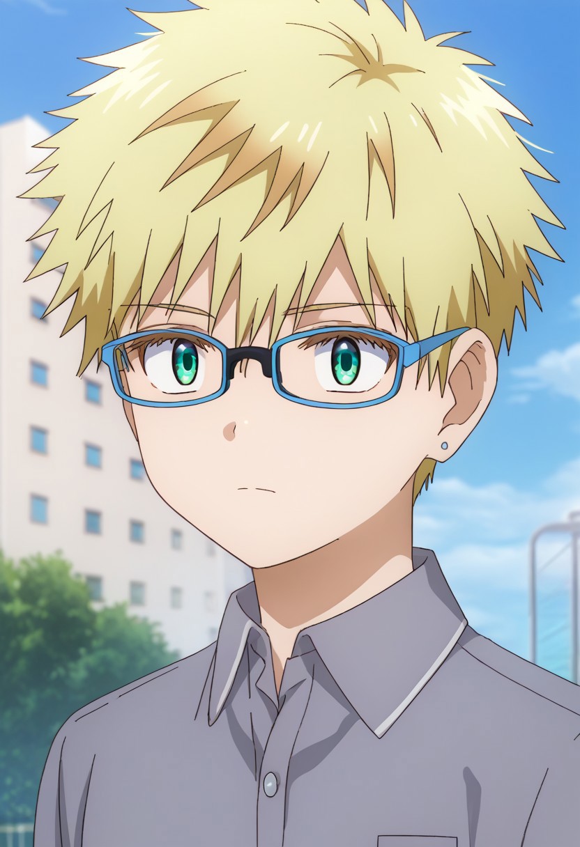 score_9, score_7_up, source_anime
RiohSonidori, 1boy, male focus, solo, green eyes, glasses, blonde hair, jewelry, earrings, polo shirt, grey shirt, 
outdoor, sky