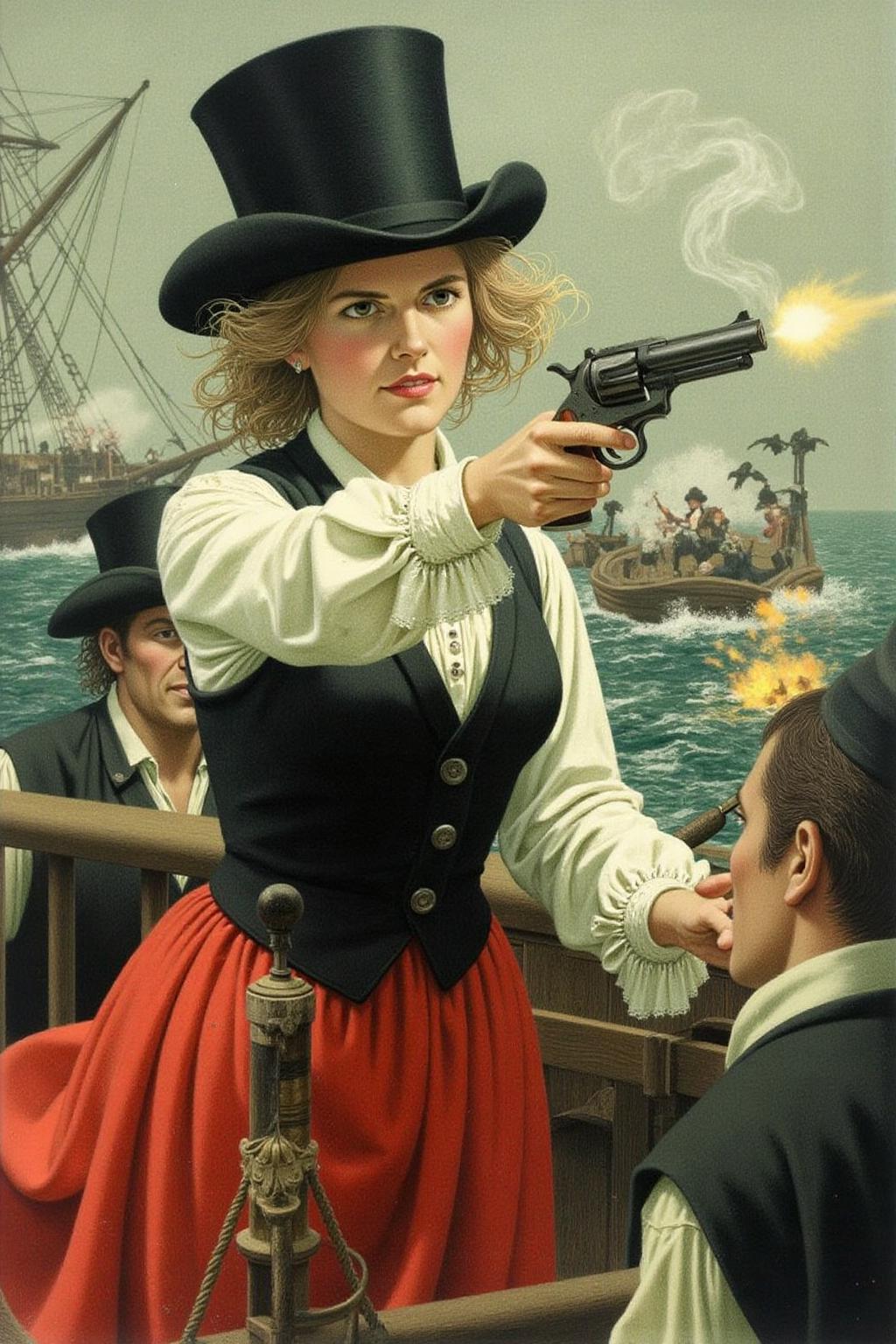jeanleonhuens1 illustration.
A young woman's determined face, hair whipping slightly as she fires her pistol, smoke billowing forth. Her top hat, black vest, and flowing red skirt evoke a sense of Victorian-era elegance amidst the chaos of a pirate ship in battle, with men clashing in the background, blurred motion capturing the intensity of the scene. 
  <lora:jeanleonhuens1_ap_d6a3e12:1.0><lora:844825934331876073:0>