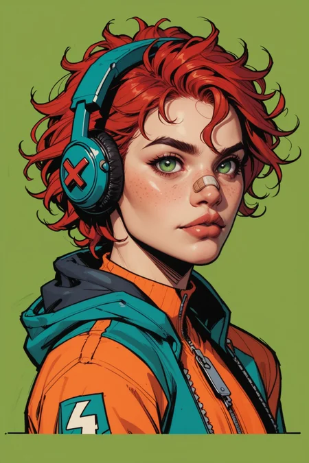 1girl, solo, red hair, headphones, nose, jacket, lips, bandaid, zipper, upper body, freckles, messy hair, bandaid on face, from side, green background, looking at viewer, realistic, green eyes, a_Comic_Illustration, rough lines with ink, (drawn:1.1), (sketch:1.5), (crosshatching:1.25), (comic style:1.1), graphic novel style, sharp lines, hires, zstyle, (western comics \(style\):1.1), (hatching \(texture\):1.2), zPDXL, Mr_Monster_Possitive, <lora:Expressive_H:0.5>, score_9, score_8_up, score_8_up,