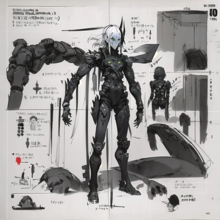 monsters-creatures, cyborg girl <lora:epiNoiseoffset_v2:1.3>, <lora:blameLora_v10:1>, heavy black and white, (((concept art, drawing, sketch, Undd, solo))), <lora:Undead Nirasawa II:0.6>,