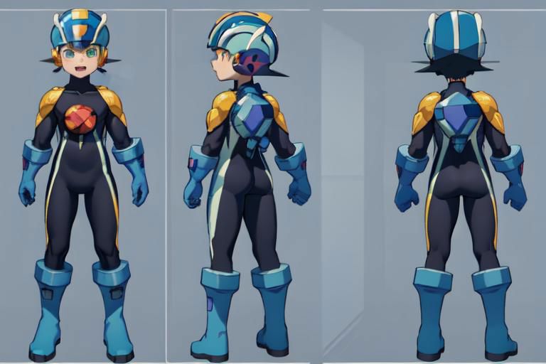 (masterpiece, official art), best quality, 1boy, solo, chara-sheet, megaman, blue footwear, blue headwear, bodysuit, boots, covered collarbone, full body, gloves, green eyes, helmet, blue backpack, looking at viewer, male focus, open mouth, purple bodysuit, simple background, smile, solo, standing, muscular, large pectorals, thick thighs