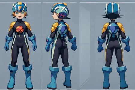 (masterpiece, official art), best quality, 1boy, solo, chara-sheet, megaman, blue footwear, blue headwear, bodysuit, boots, covered collarbone, full body, gloves, green eyes, helmet, blue backpack, looking at viewer, male focus, open mouth, purple bodysuit, simple background, smile, solo, standing, muscular, large pectorals, thick thighs