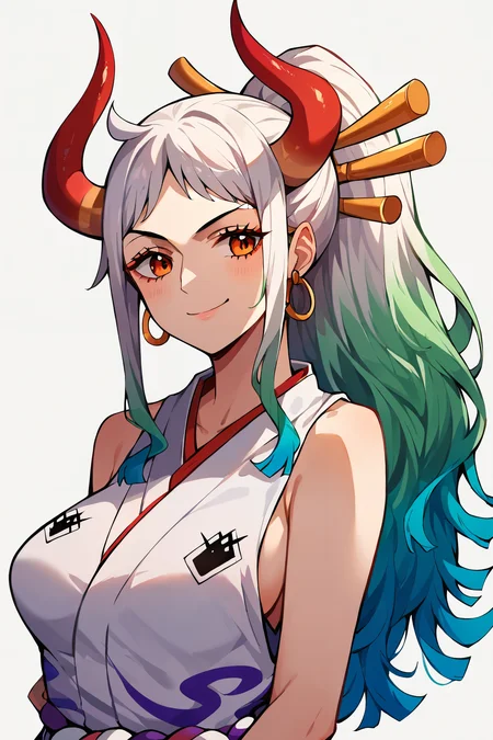 <lora:yamato_OP_XL_v1:1> score_9,score_8_up,score_7_up,score_6_up, yamato \(one piece\), 1girl, solo, japanese clothes, multicolored hair, jewelry, earrings, sleeveless kimono, hair ornament, kimono, curled horns, long hair, oni, upper body, smile, rope, breasts, hair stick, sleeveless, shimenawa, white background, closed mouth, hoop earrings, bare shoulders, simple background, ponytail