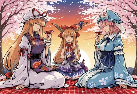 source_anime, high res image, masterpiece, perfect quality, best quality, newest, absurdres, highres, scenic, ultra detailed face, detailed eyes, accurate anatomy,
tokiame, ink,
sdxl_lightning_4step_lora_rank1,
HDR,
outdoor, dusk, back lighting, cherry blossom tree, falling cherry blossoms in air,
(sitting on a big red picnic blanket),
3girl, multiple girls, multiple different girls, 3 different girls,,
BREAK
female left side (yakumo yukari, blonde hair, yellow eyes, long hair, sidelocks, dress, hat, hat ribbon, juliet sleeves, layered dress, long sleeves, mob cap, puffy sleeves, purple tabard, tabarad, white dress, white hat, wide sleeves, ying yang, yin yang print, holding a red sake cup, closed eyes),,
BREAK
female middle (ibuki suika, brown eyes, hair bow, horns, long hair, low-tied long hair, oni horns, orange hair, very long hair, horn ribbon, sleeveless shirt, wrist cuffs, bow, ribbon, horn ornament, sleeveless, chain, skirt, shirt, holding a purple wine gourd, laugh),,
BREAK
female right side (saigyouji yuyuko, pink eyes, pink hair, short hair, medium large breasts, mob cap, triangular headpiece, blue kimono, long sleeves, wide sleeves, sash, ribbon, floral print, holding a red sake cup, smile)