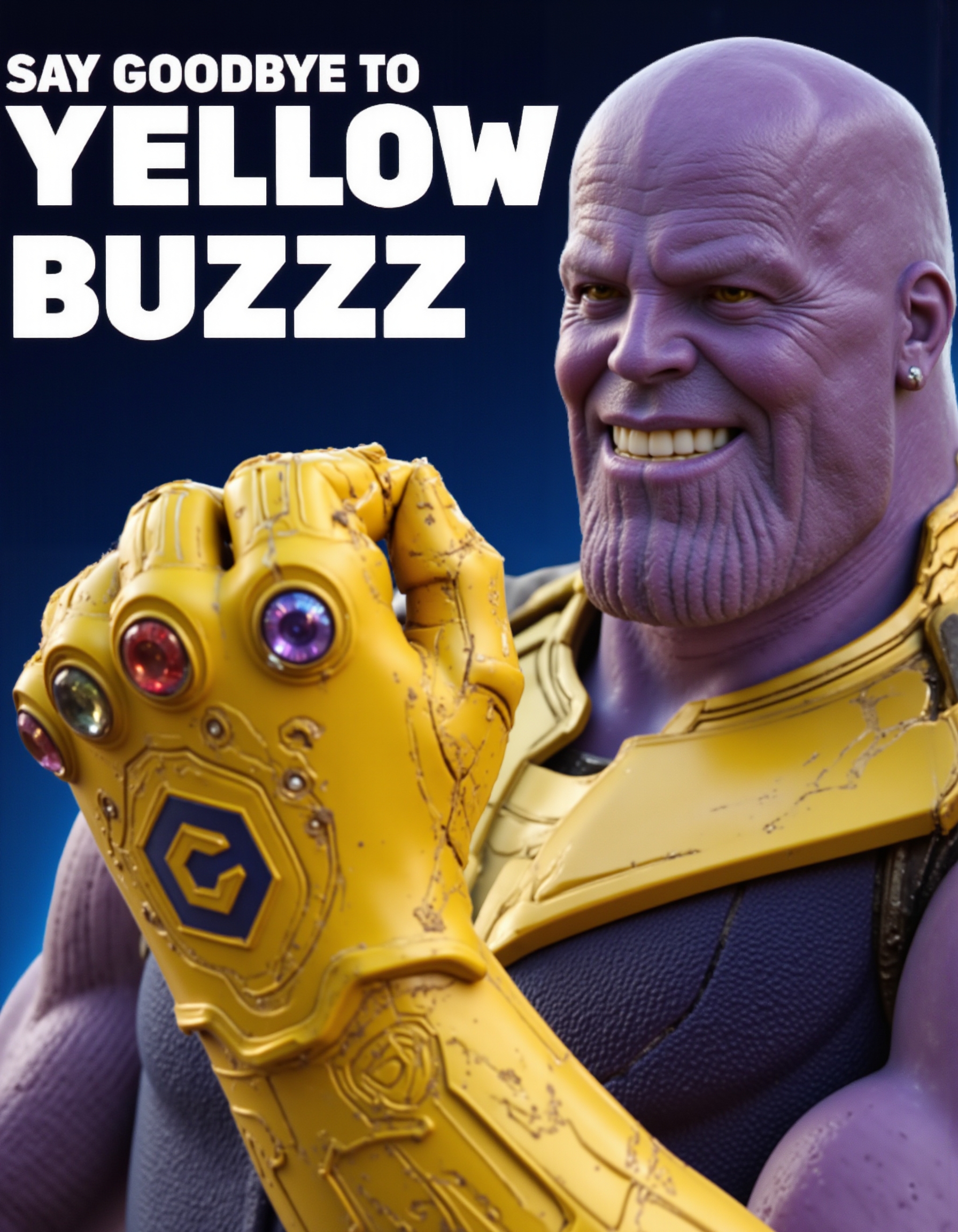 smiling thanos wearing infinty glove with civitaiLogo etched on it on his left hand , on top of image floating text "Say goodbye to yellow Buzz", <lora:flux\Textimprover-FLUX-V0.4.safetensors:1.0:1.0> <lora:flux\Thanos.safetensors:0.9:0.9> <lora:flux\civitaiLogoFlux.safetensors:0.9:0.9>