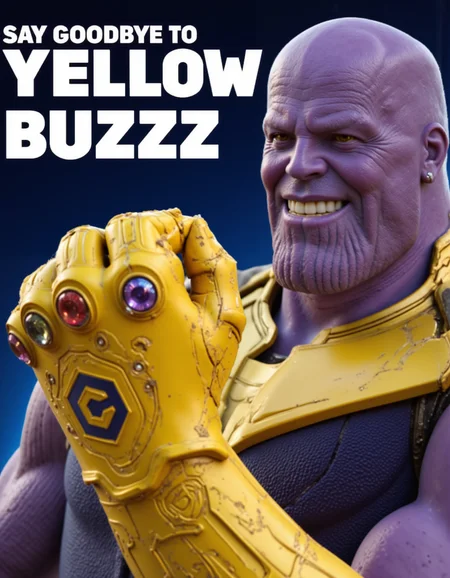 smiling thanos wearing infinty glove with civitaiLogo etched on it on his left hand , on top of image floating text "Say goodbye to yellow Buzz", <lora:flux\Textimprover-FLUX-V0.4.safetensors:1.0:1.0> <lora:flux\Thanos.safetensors:0.9:0.9> <lora:flux\civitaiLogoFlux.safetensors:0.9:0.9>