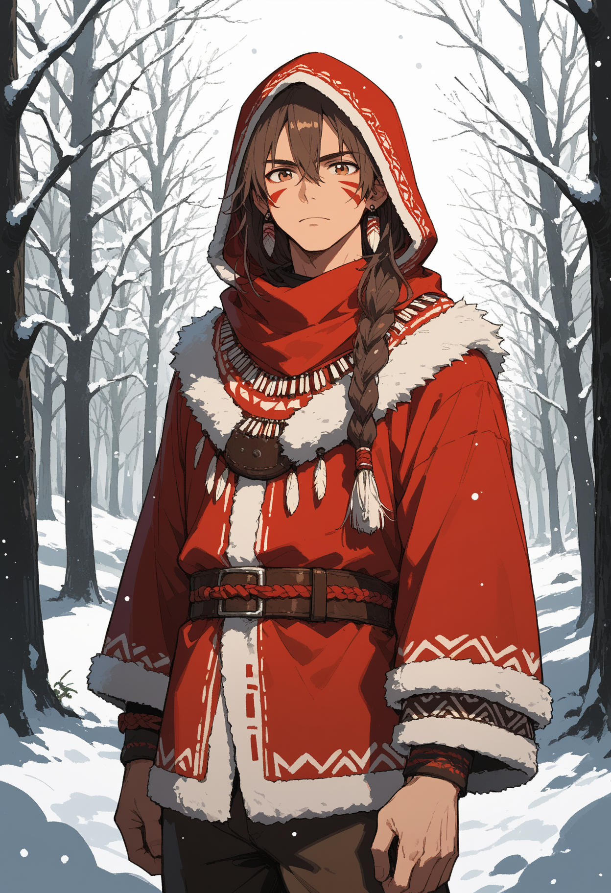 score_9, score_8_up, score_7_up,source_anime,1boy,solo,intense brown hair,pompadour hairstyle,hair between eyes,brown eyes,perfecteyes,eyebrows,tribal clothes,((wearing a hood)),fur hood,pants,fur belt,woven sack,tribal earrings,red face marking,snow,snowing,tree,looking at viewer,sinozick,flat colors