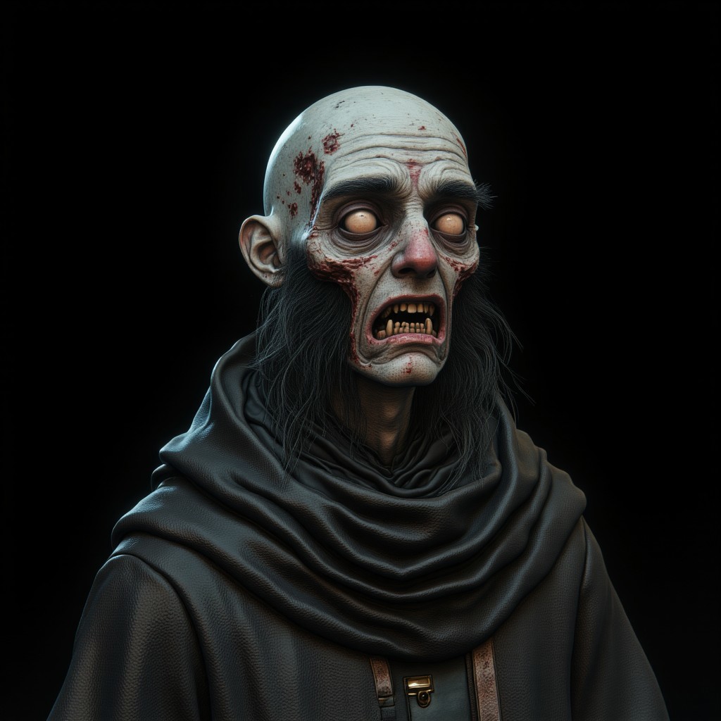 A ghoulish rotting Zombie
Set against a solid dark black color background to emphasize its unsettling unnatural form that emphasizes its silhouette. The medium is not a traditional painting or illustrative medium like watercolor or ink but rather a digital 3D rendering.
MikeFranchinastyle, d4artstyle, d4concept, , bbstyle,, horror theme,, zbrush, ZBClay model of a gray sculpture, 1990's, 1990's style