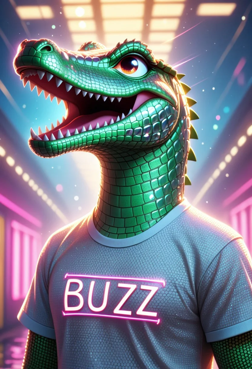 (masterpiece, best quality, absurdres, highres), in ariver of endless diaminds a crying sad crocodile, wearing a meshed t-shirt text "BUZZ", playful, electrical flashes, flashing light, mirrors, bokeh, depth of field, comic image, neon color geometric background, asymmetrical composite, (in bold neon color shades:1.3), perfect lighting, 4k, low-angle view, extreme long-shot, diamondMW