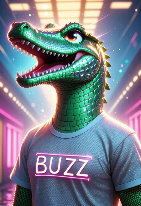 (masterpiece, best quality, absurdres, highres), in ariver of endless diaminds a crying sad crocodile, wearing a meshed t-shirt text "BUZZ", playful, electrical flashes, flashing light, mirrors, bokeh, depth of field, comic image, neon color geometric background, asymmetrical composite, (in bold neon color shades:1.3), perfect lighting, 4k, low-angle view, extreme long-shot, diamondMW