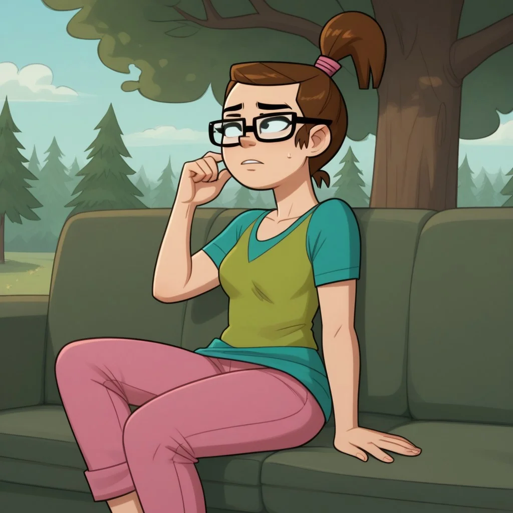 score_8, score_9, break, solo, beth_td, brown hair, ponytail, glasses, tied shirt, pants, trees, sofa, sitting