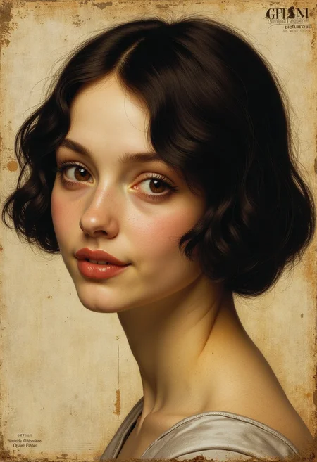 style of Leonardo da Vinci,she is brunette, short smile, mouth closed, black hair,