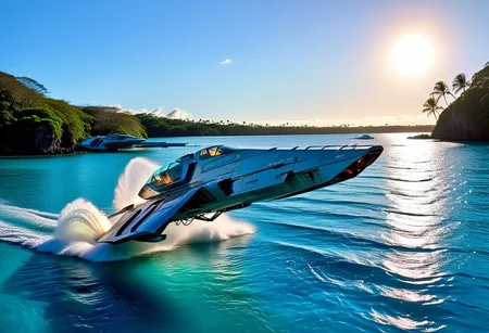 photograph, smooth, sleek, battle (WipEout anti-gravity craft), (split-front:1.3), landing in the waters of a lagoon, tropical island, blue sky, sunset, sharp, high detailed, realistic, scifi, futuristic, science fiction, sharp focus, masterpiece, best quality